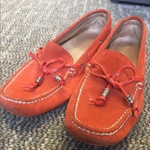 Orange suede driving loafers